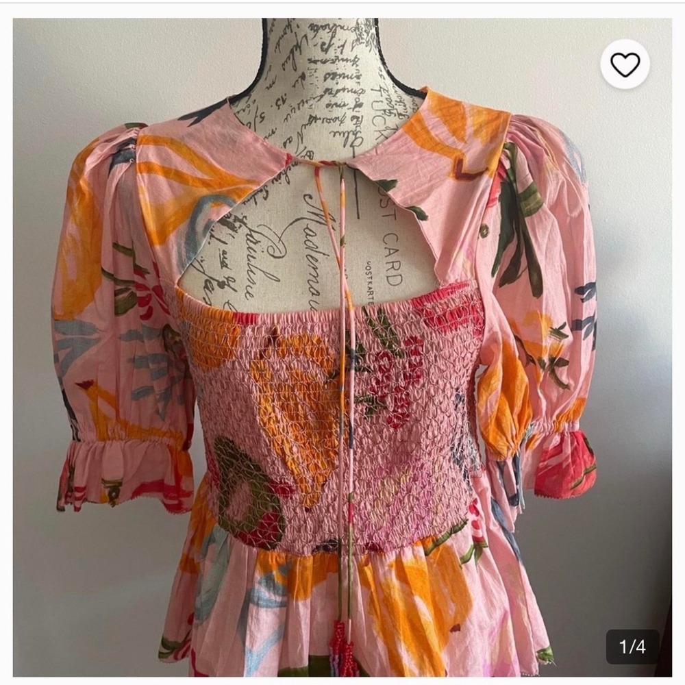 Farm Rio Mixed Fruit Smocked Bodice Blouse size Medium Boho Tropical Summer - Picture 8 of 8